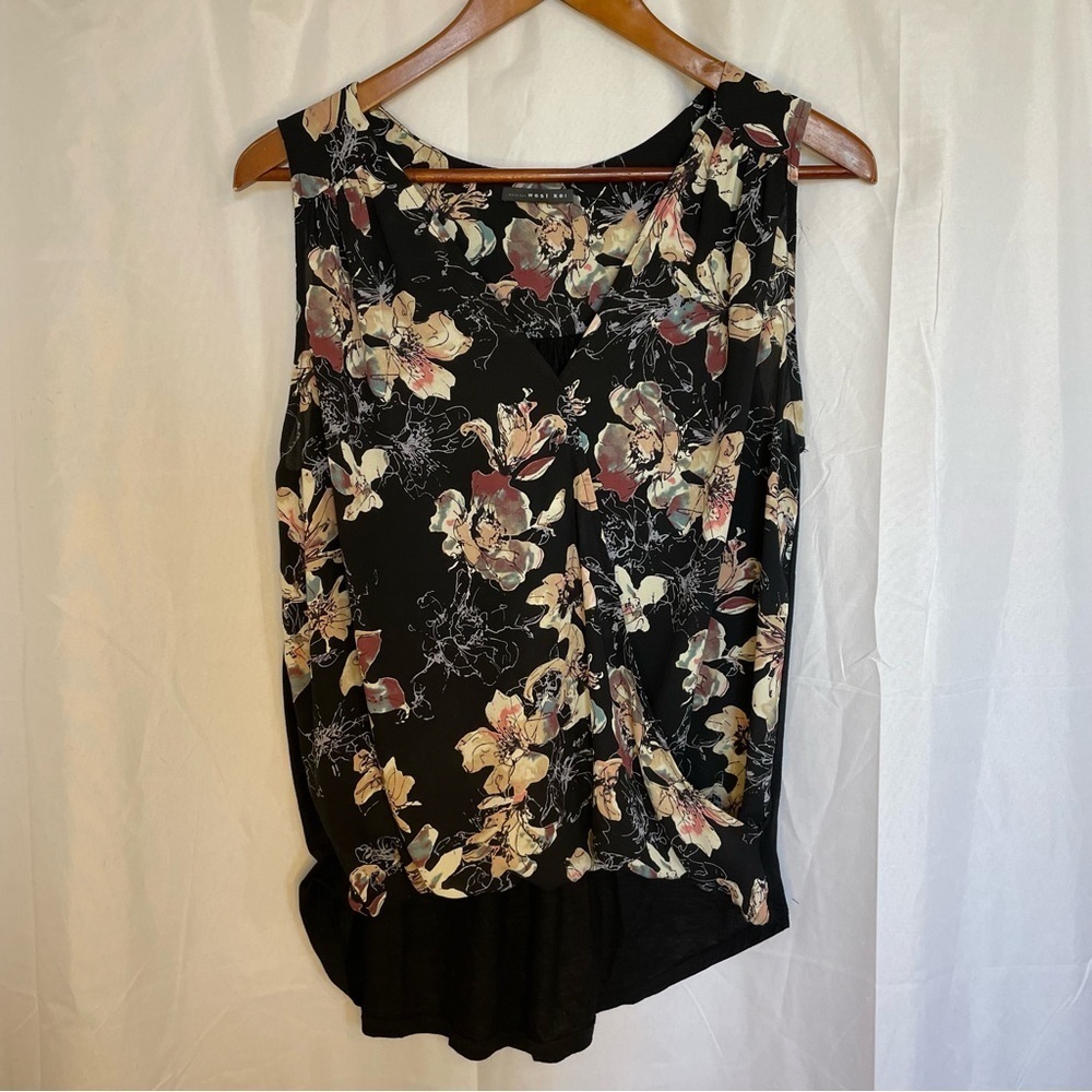 WEST KEI Women’s Black Cream Floral Sleeveless Tank Top V Neck Blouse Medium